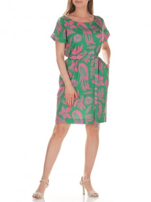 Zielona sukienka z różowym drukiem