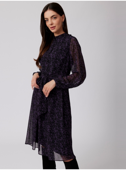 Zwiewna wizytowa sukienka wzór czarno fioletowy Salko
